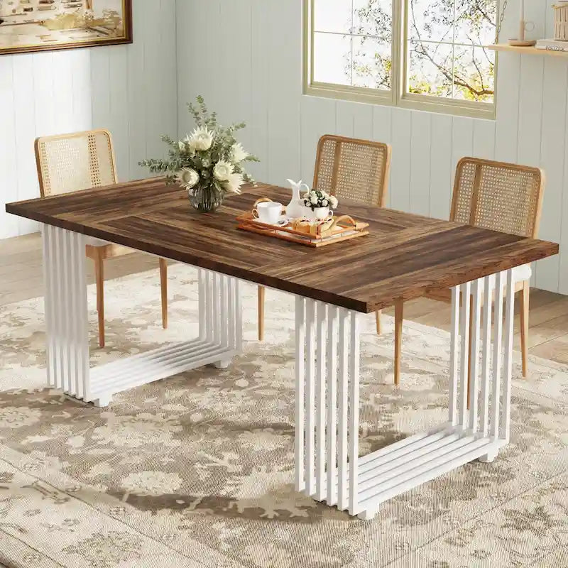 Table à manger rectangulaire blanche et dorée, style moderne, 6 à 8 places