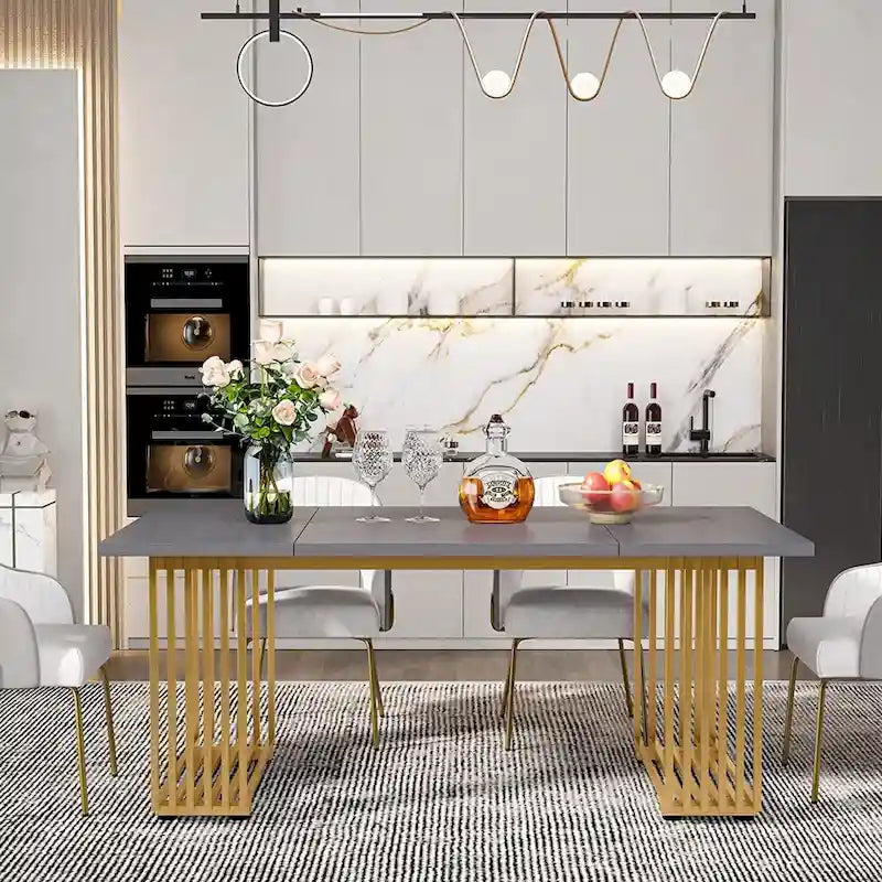 Table à manger rectangulaire blanche et dorée, style moderne, 6 à 8 places
