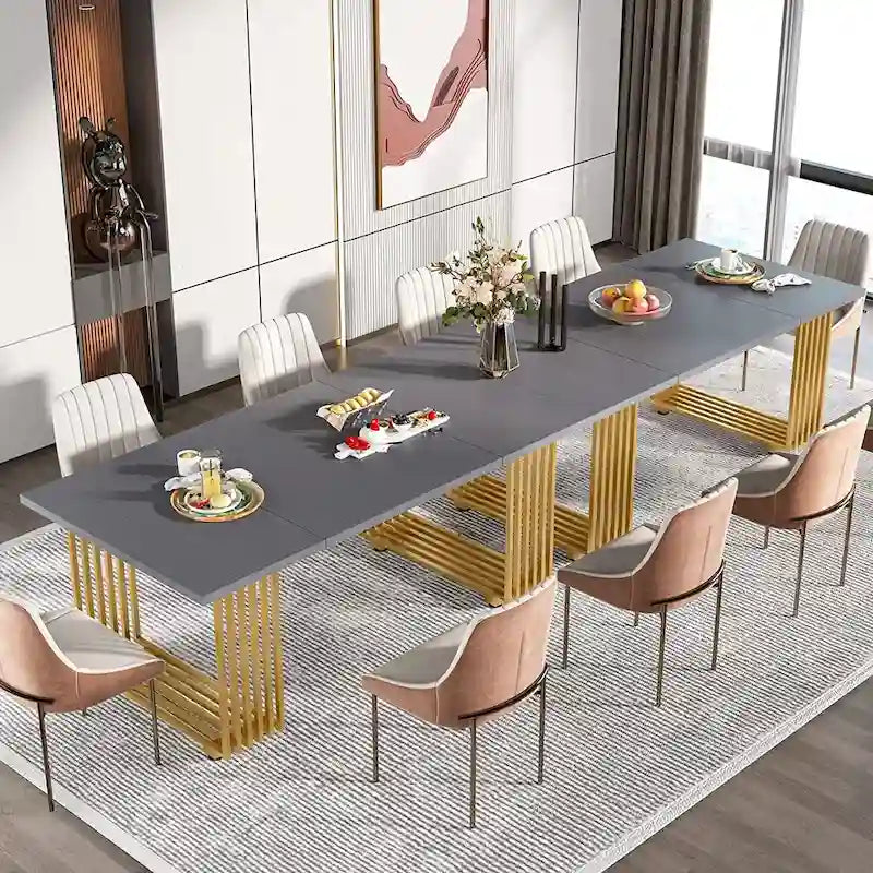 Table à manger rectangulaire blanche et dorée, style moderne, 6 à 8 places