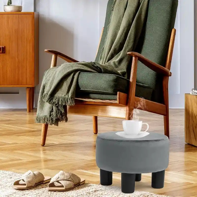 Repose-pieds rond en velours – Gris / Orange / Noir et Bleu / Rouge / Jaune, 1 place