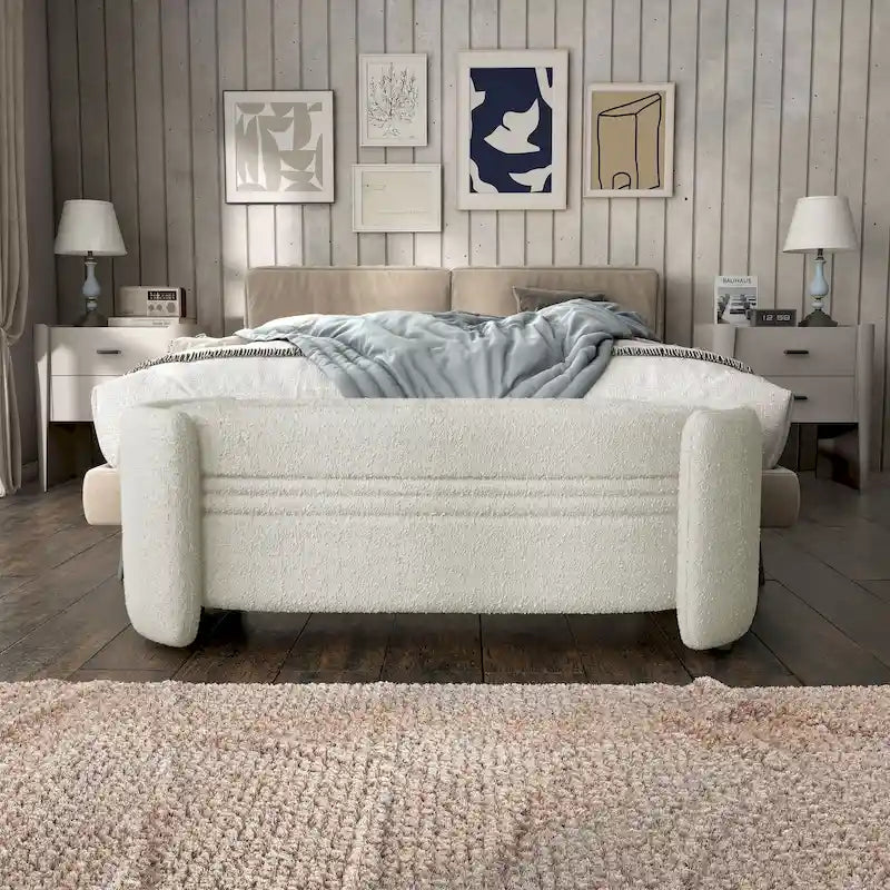 Banc de rangement en bouclé beige / gris obsidienne, 2 places