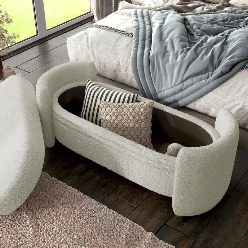 Banc de rangement en bouclé beige / gris obsidienne, 2 places