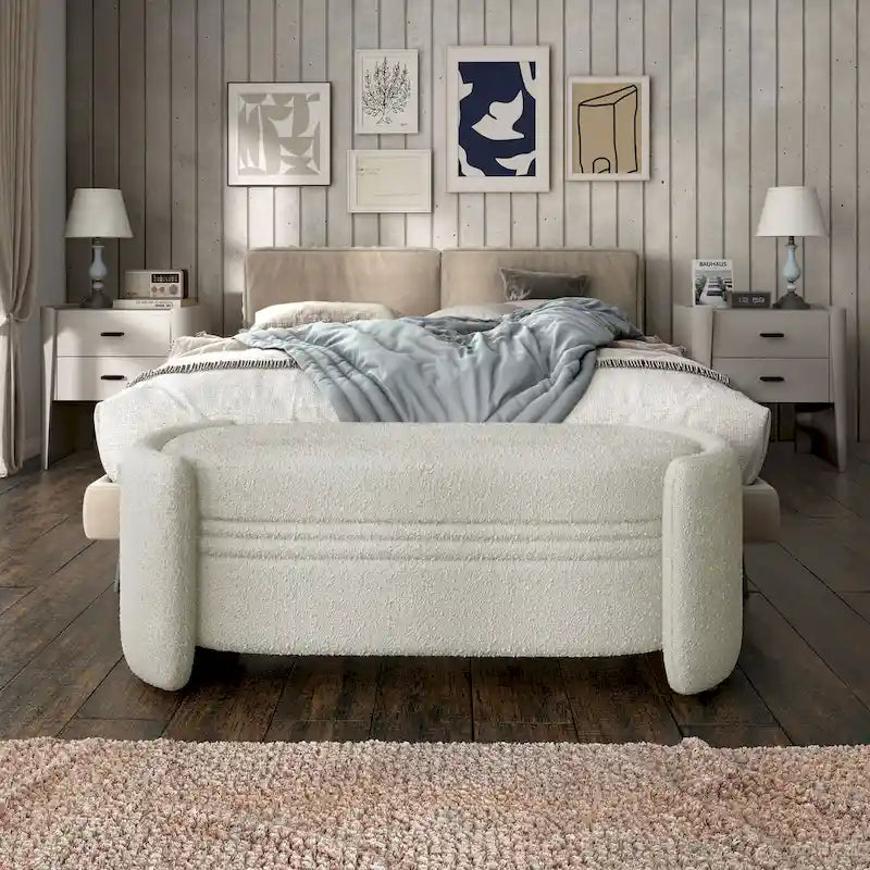Banc de rangement en bouclé beige / gris obsidienne, 2 places