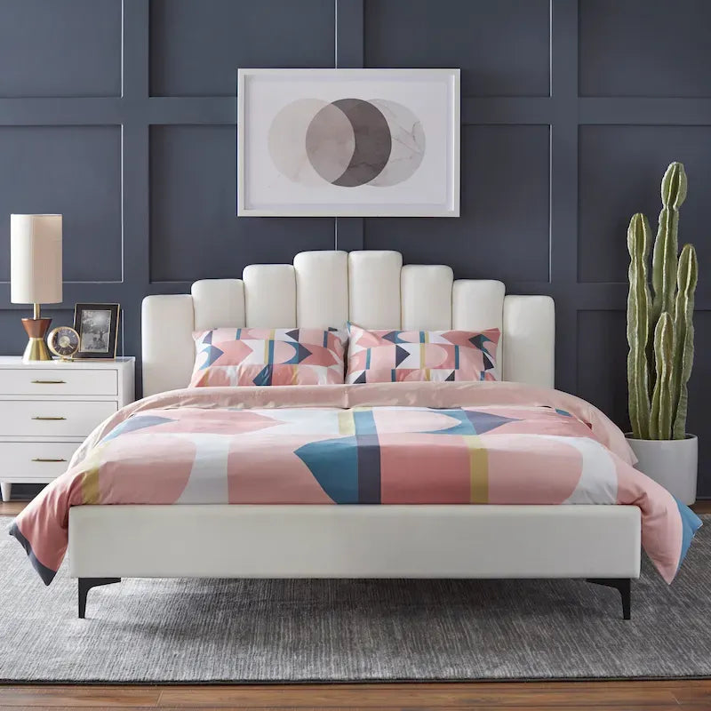 Lit plateforme Queen en velours gris/blanc, 2 places