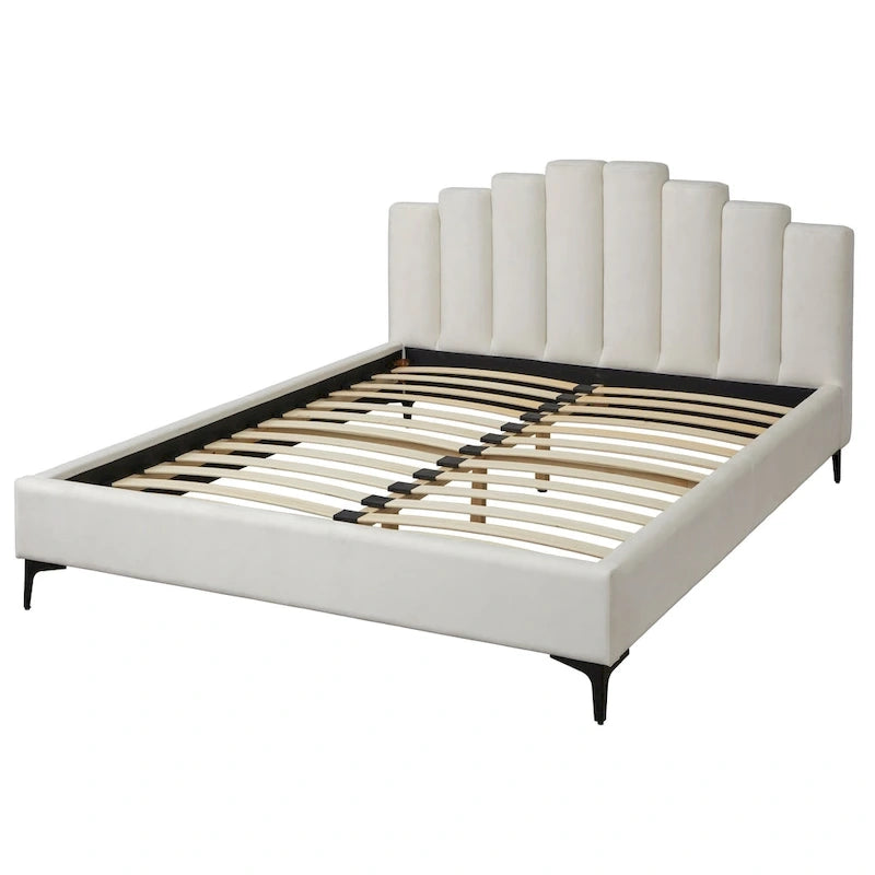 Lit plateforme Queen en velours gris/blanc, 2 places