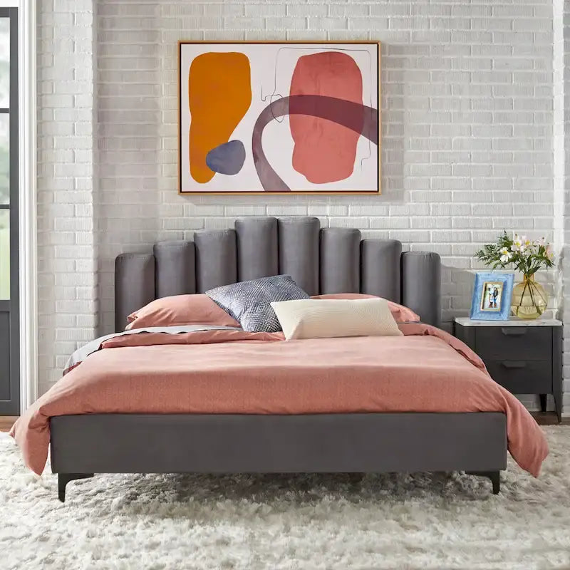 Lit plateforme Queen en velours gris/blanc, 2 places