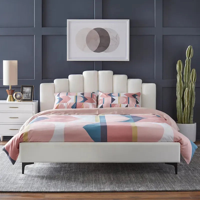 Lit plateforme Queen en velours gris/blanc, 2 places
