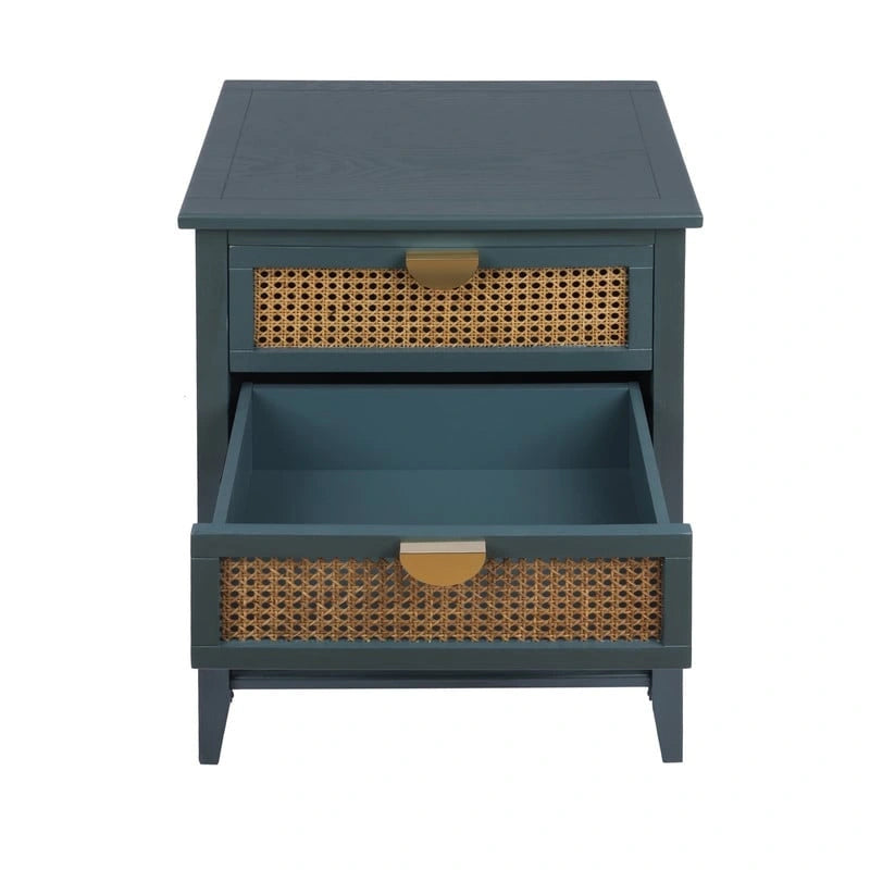 Table de chevet en rotin avec 2 tiroirs et une étagère, table de nuit individuelle