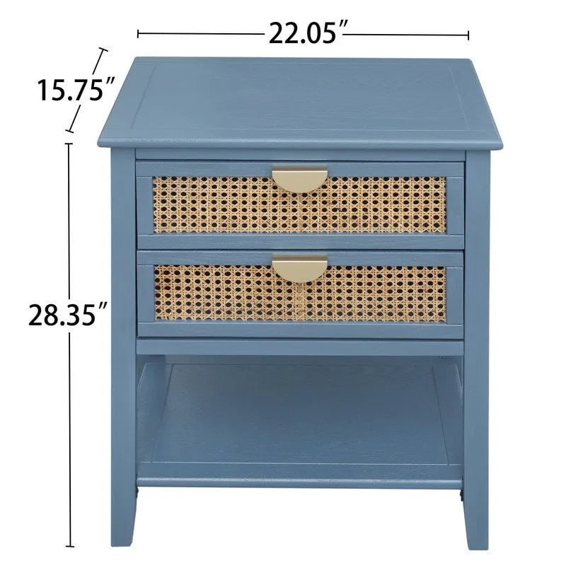 Table de chevet en rotin avec 2 tiroirs et une étagère, table de nuit individuelle