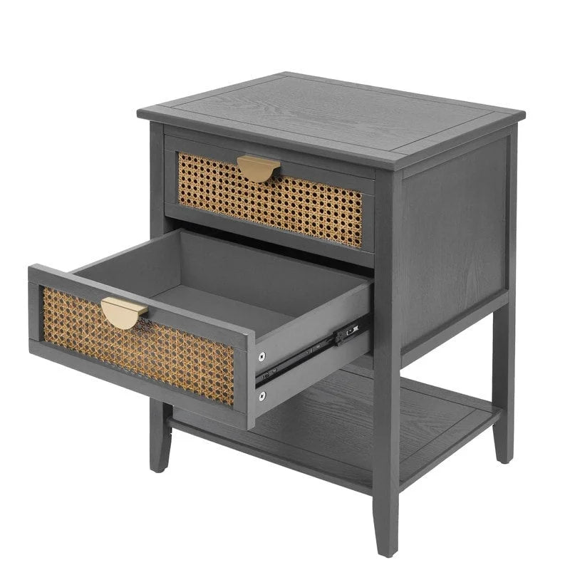 Table de chevet en rotin avec 2 tiroirs et une étagère, table de nuit individuelle