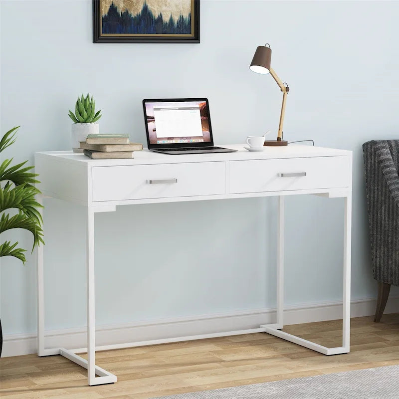 Bureau informatique blanc / blanc et or avec 2 tiroirs, table d'écriture individuelle