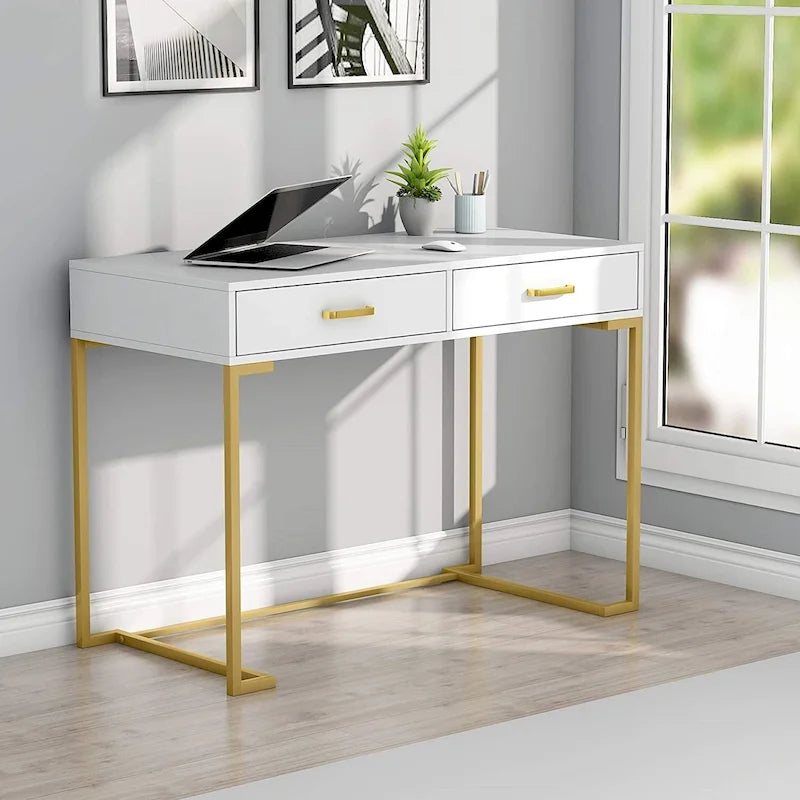 Bureau informatique blanc / blanc et or avec 2 tiroirs, table d'écriture individuelle