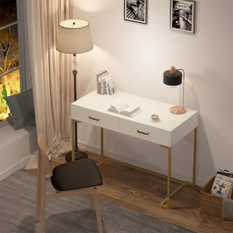 Bureau informatique blanc / blanc et or avec 2 tiroirs, table d'écriture individuelle
