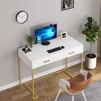 Bureau informatique blanc / blanc et or avec 2 tiroirs, table d'écriture individuelle