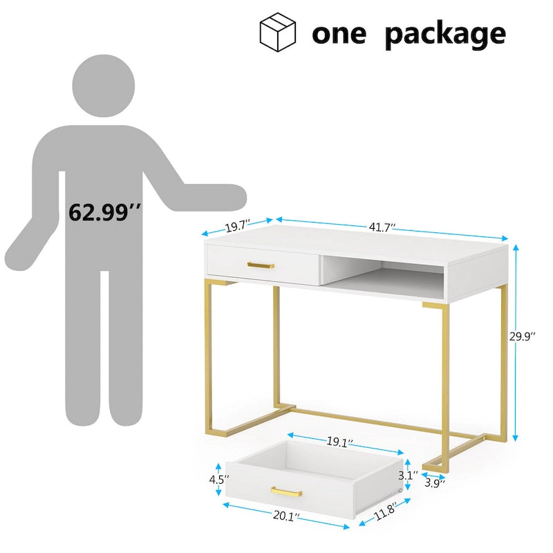 Bureau informatique blanc / blanc et or avec 2 tiroirs, table d'écriture individuelle