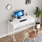 Bureau informatique blanc / blanc et or avec 2 tiroirs, table d'écriture individuelle