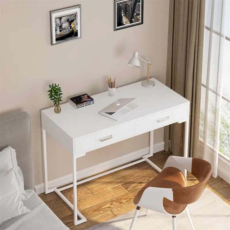 Bureau informatique blanc / blanc et or avec 2 tiroirs, table d'écriture individuelle