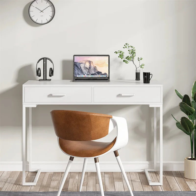 Bureau informatique blanc / blanc et or avec 2 tiroirs, table d'écriture individuelle