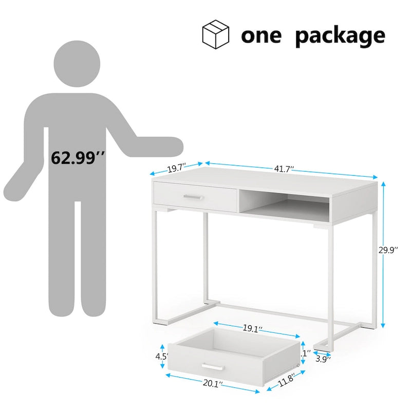 Bureau informatique blanc / blanc et or avec 2 tiroirs, table d'écriture individuelle