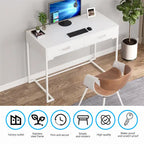 Bureau informatique blanc / blanc et or avec 2 tiroirs, table d'écriture individuelle