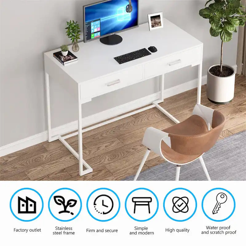 Bureau informatique blanc / blanc et or avec 2 tiroirs, table d'écriture individuelle