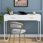 Bureau informatique blanc / blanc et or avec 2 tiroirs, table d'écriture individuelle