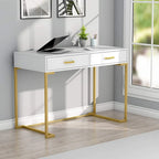 Bureau informatique blanc / blanc et or avec 2 tiroirs, table d'écriture individuelle