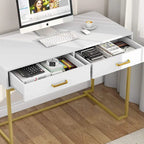 Bureau informatique blanc / blanc et or avec 2 tiroirs, table d'écriture individuelle