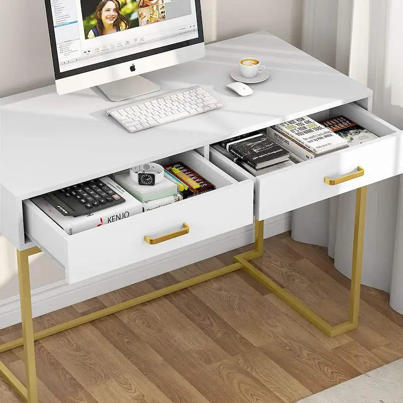 Bureau informatique blanc / blanc et or avec 2 tiroirs, table d'écriture individuelle