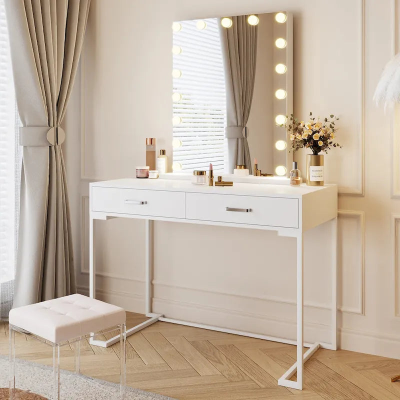 Bureau informatique blanc / blanc et or avec 2 tiroirs, table d'écriture individuelle