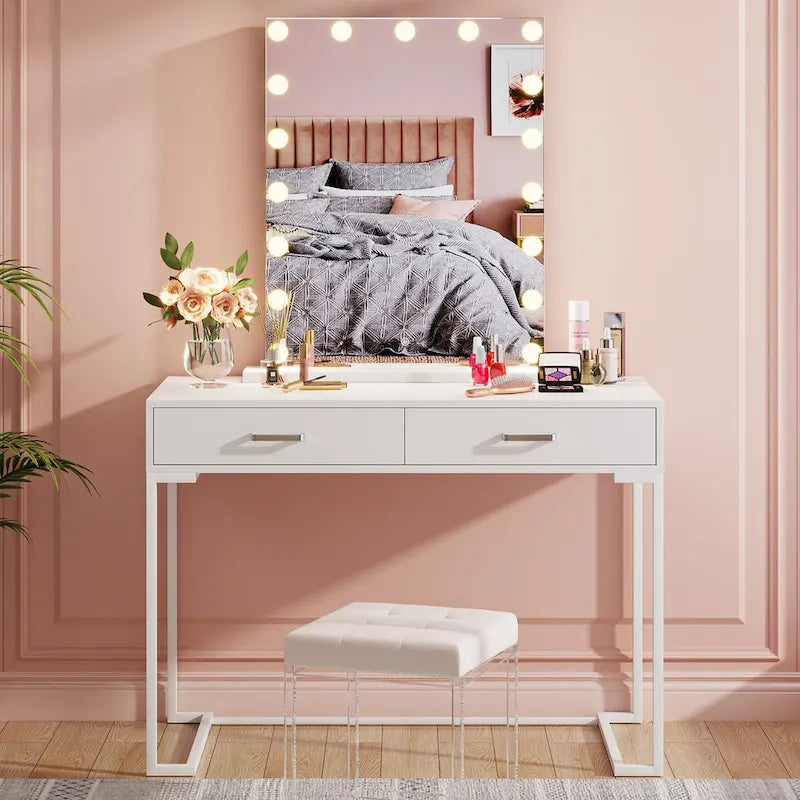 Bureau informatique blanc / blanc et or avec 2 tiroirs, table d'écriture individuelle