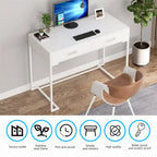 Bureau informatique blanc / blanc et or avec 2 tiroirs, table d'écriture individuelle