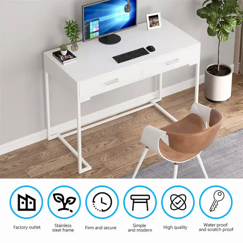 Bureau informatique blanc / blanc et or avec 2 tiroirs, table d'écriture individuelle
