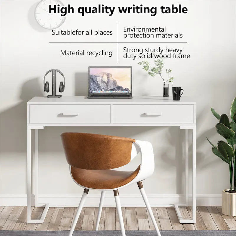 Bureau informatique blanc / blanc et or avec 2 tiroirs, table d'écriture individuelle