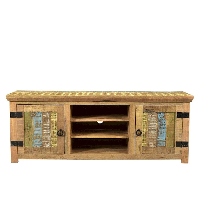 Meuble TV en bois de manguier massif, ton bois naturel, 1 pièce, 152 cm (L) x 46 cm (P) x 56 cm (H)