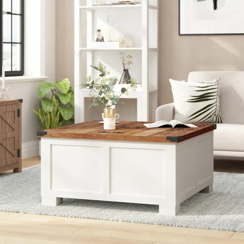 Table basse relevable avec rangement blanche/noire/grise, chêne rustique, pour 1 personne