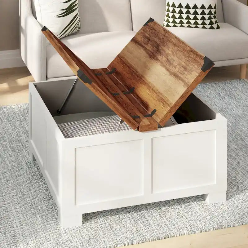 Table basse relevable avec rangement blanche/noire/grise, chêne rustique, pour 1 personne