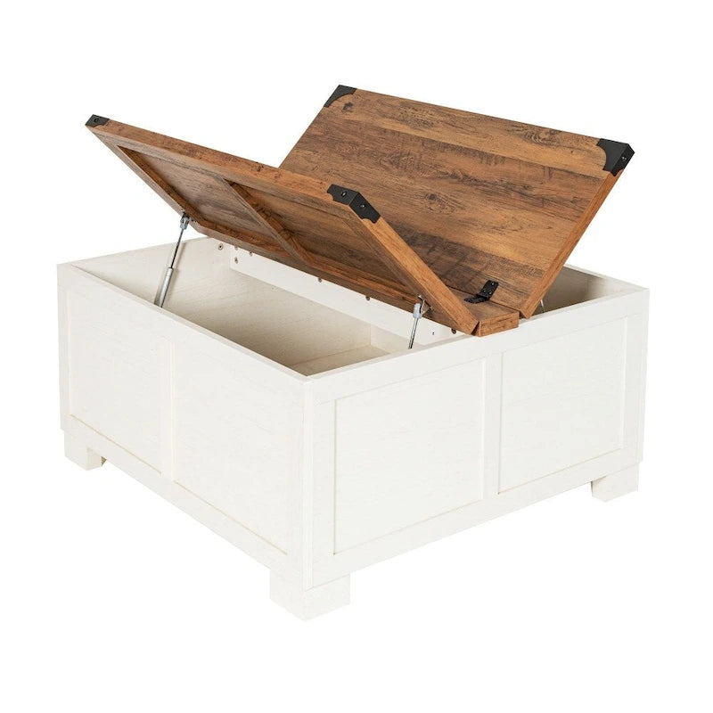 Table basse relevable avec rangement blanche/noire/grise, chêne rustique, pour 1 personne