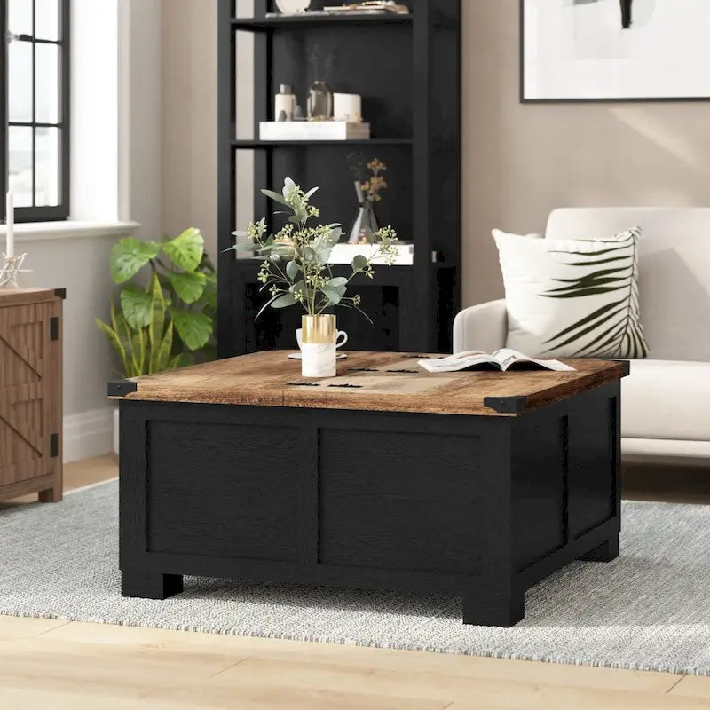 Table basse relevable avec rangement blanche/noire/grise, chêne rustique, pour 1 personne
