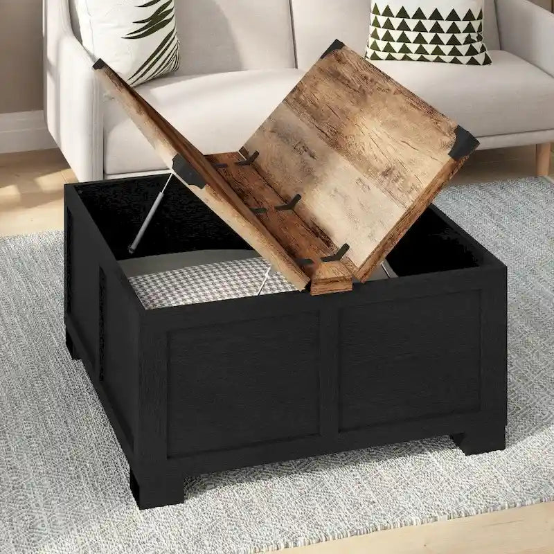 Table basse relevable avec rangement blanche/noire/grise, chêne rustique, pour 1 personne