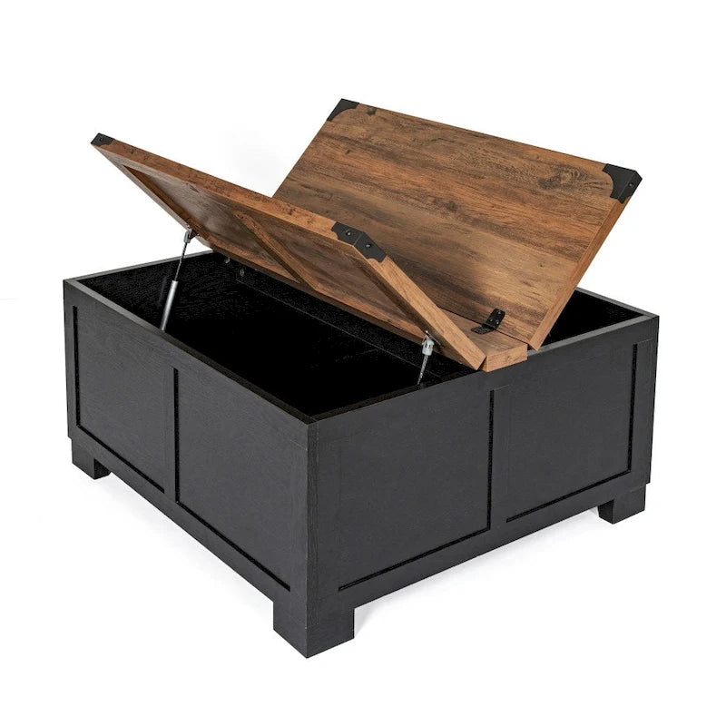 Table basse relevable avec rangement blanche/noire/grise, chêne rustique, pour 1 personne