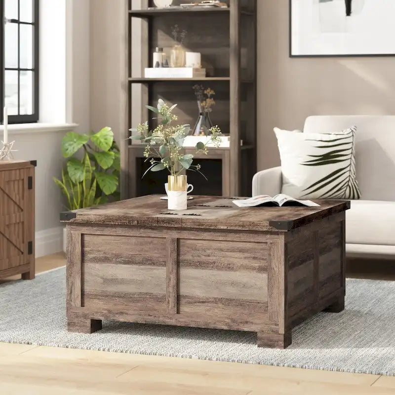 Table basse relevable avec rangement blanche/noire/grise, chêne rustique, pour 1 personne