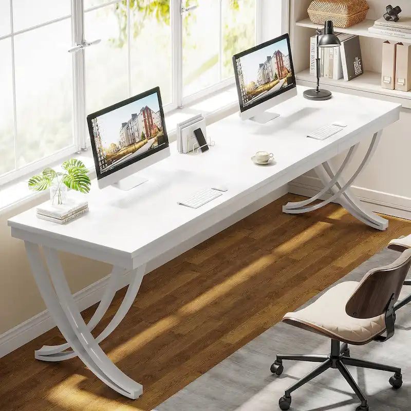 Marron+Noir / Blanc, Bureau double pour 2 personnes de 199,9 cm avec pieds en métal