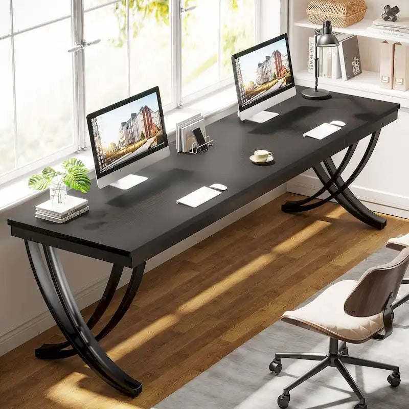 Marron+Noir / Blanc, Bureau double pour 2 personnes de 199,9 cm avec pieds en métal