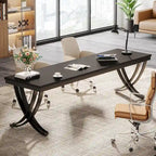 Marron+Noir / Blanc, Bureau double pour 2 personnes de 199,9 cm avec pieds en métal
