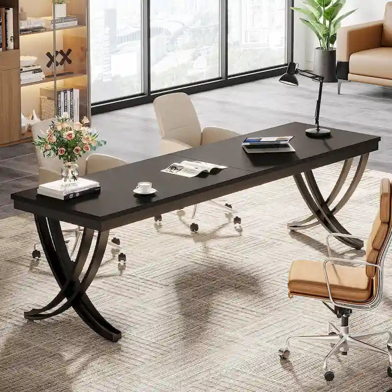 Marron+Noir / Blanc, Bureau double pour 2 personnes de 199,9 cm avec pieds en métal