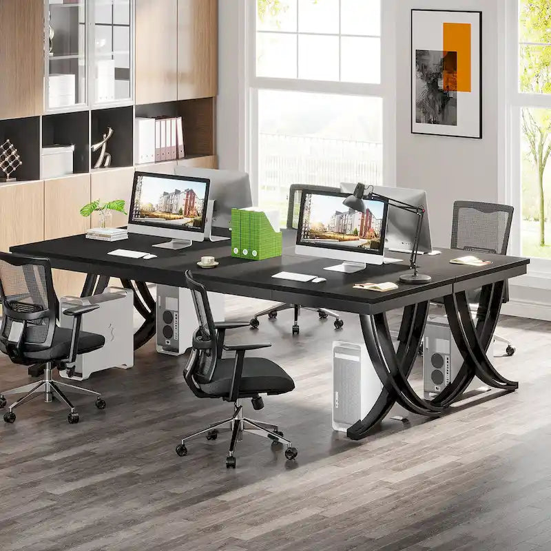 Marron+Noir / Blanc, Bureau double pour 2 personnes de 199,9 cm avec pieds en métal