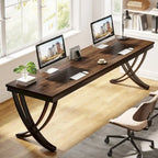 Marron+Noir / Blanc, Bureau double pour 2 personnes de 199,9 cm avec pieds en métal