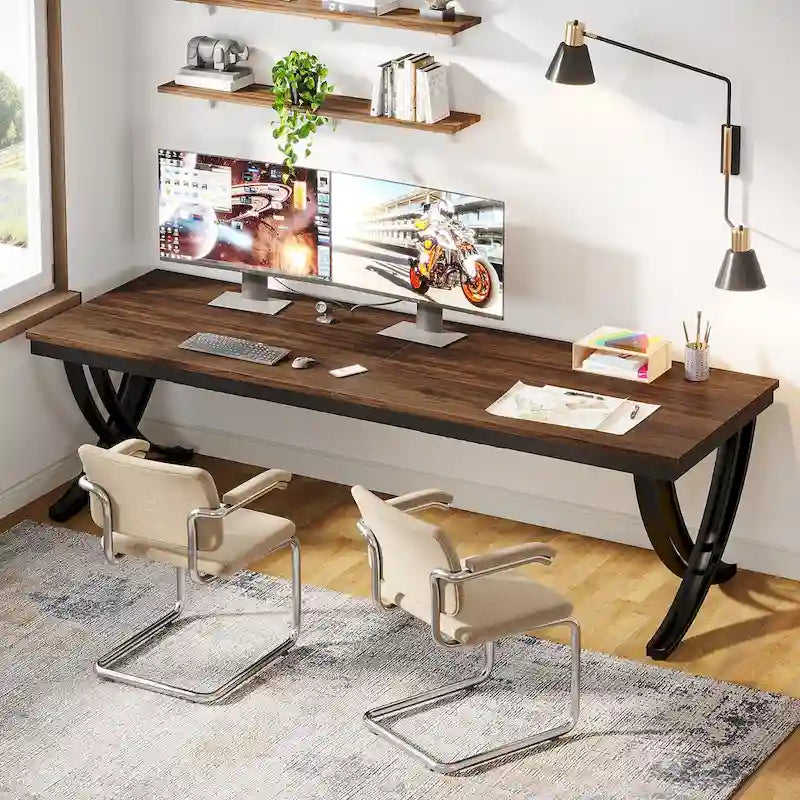 Marron+Noir / Blanc, Bureau double pour 2 personnes de 199,9 cm avec pieds en métal