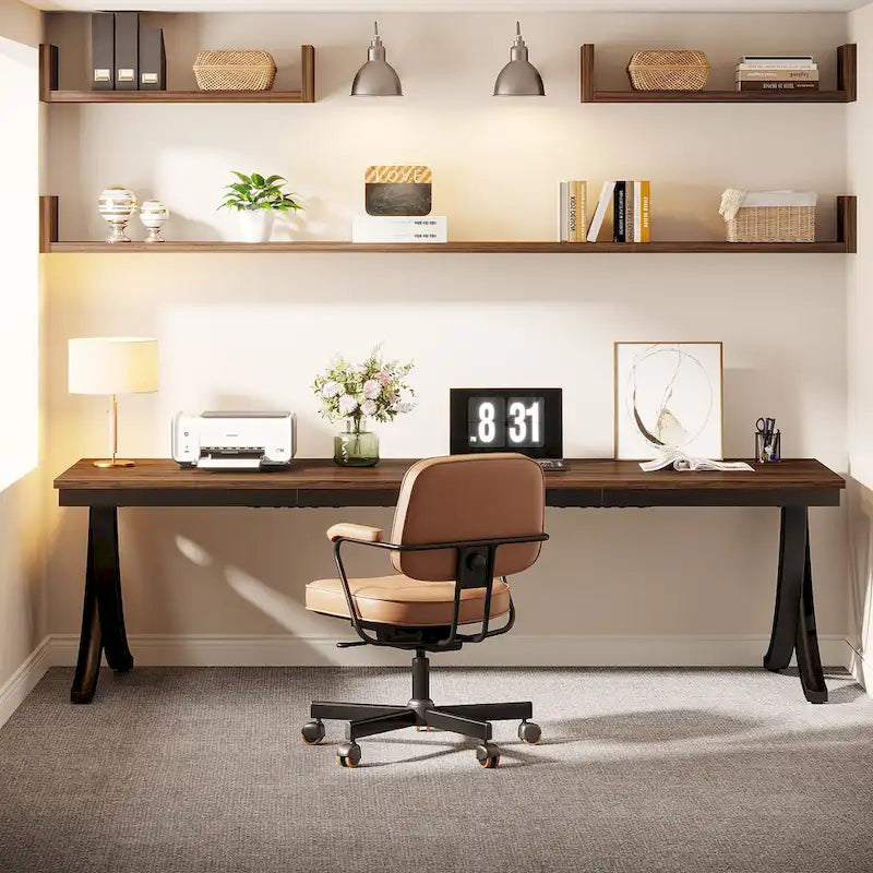Marron+Noir / Blanc, Bureau double pour 2 personnes de 199,9 cm avec pieds en métal